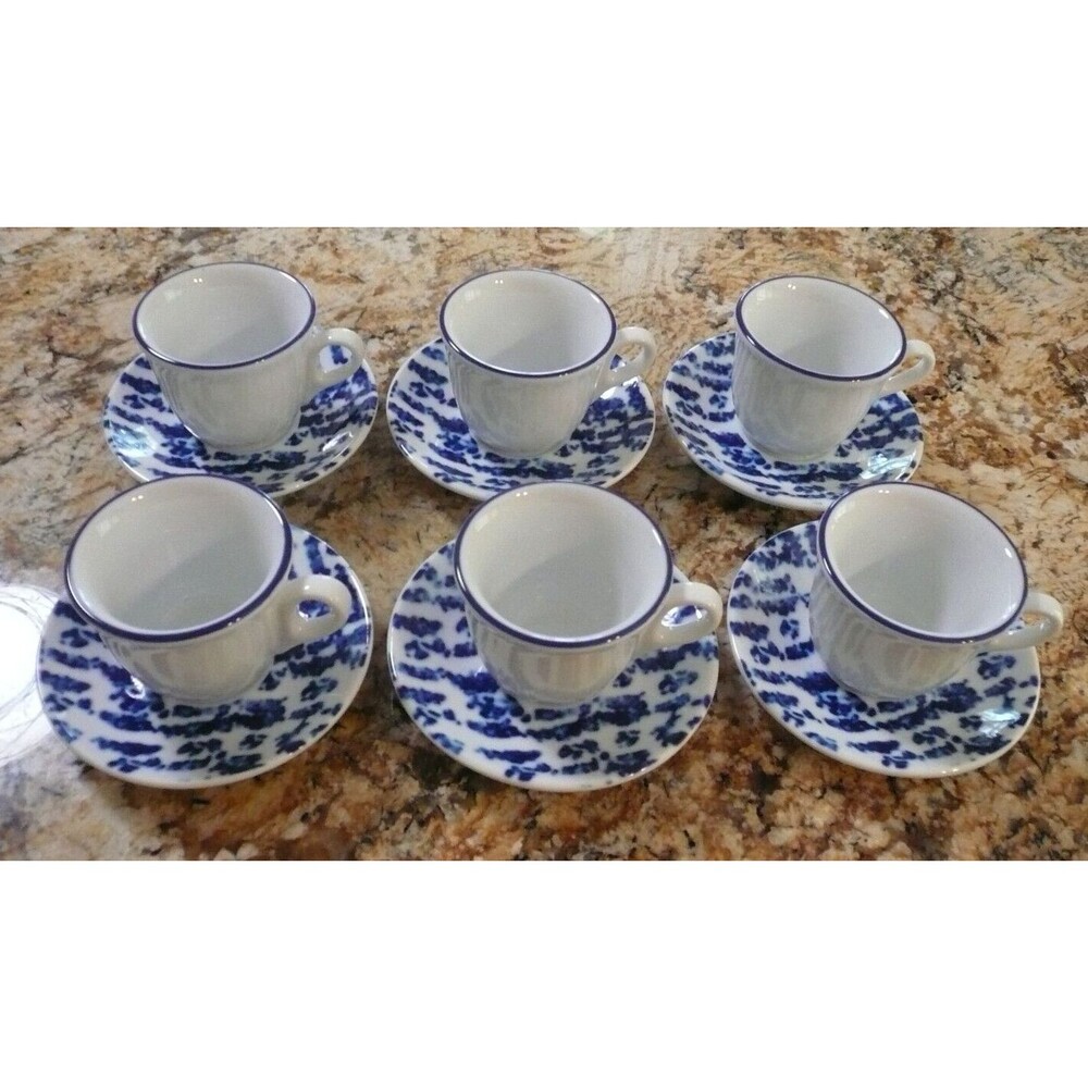 Richard Ginori Laveno Paola Navone 6 Espresso Cups & Saucers Blue Sponge Italy